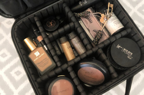 makeup inside makeup bag with adjustable compartments